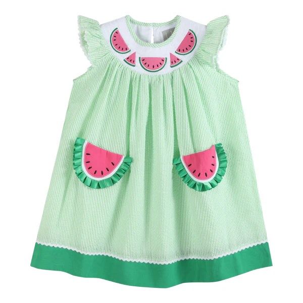 Green Seersucker Watermelon Smocked Bishop Dress, Size: 2T