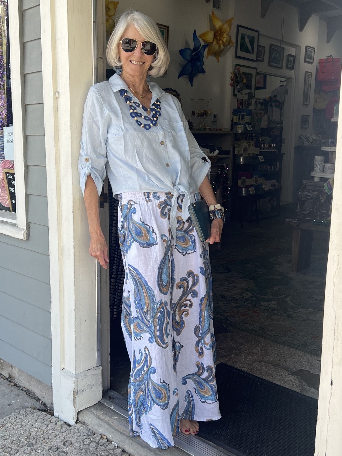 Blue and Beige Paisley Linen Pants