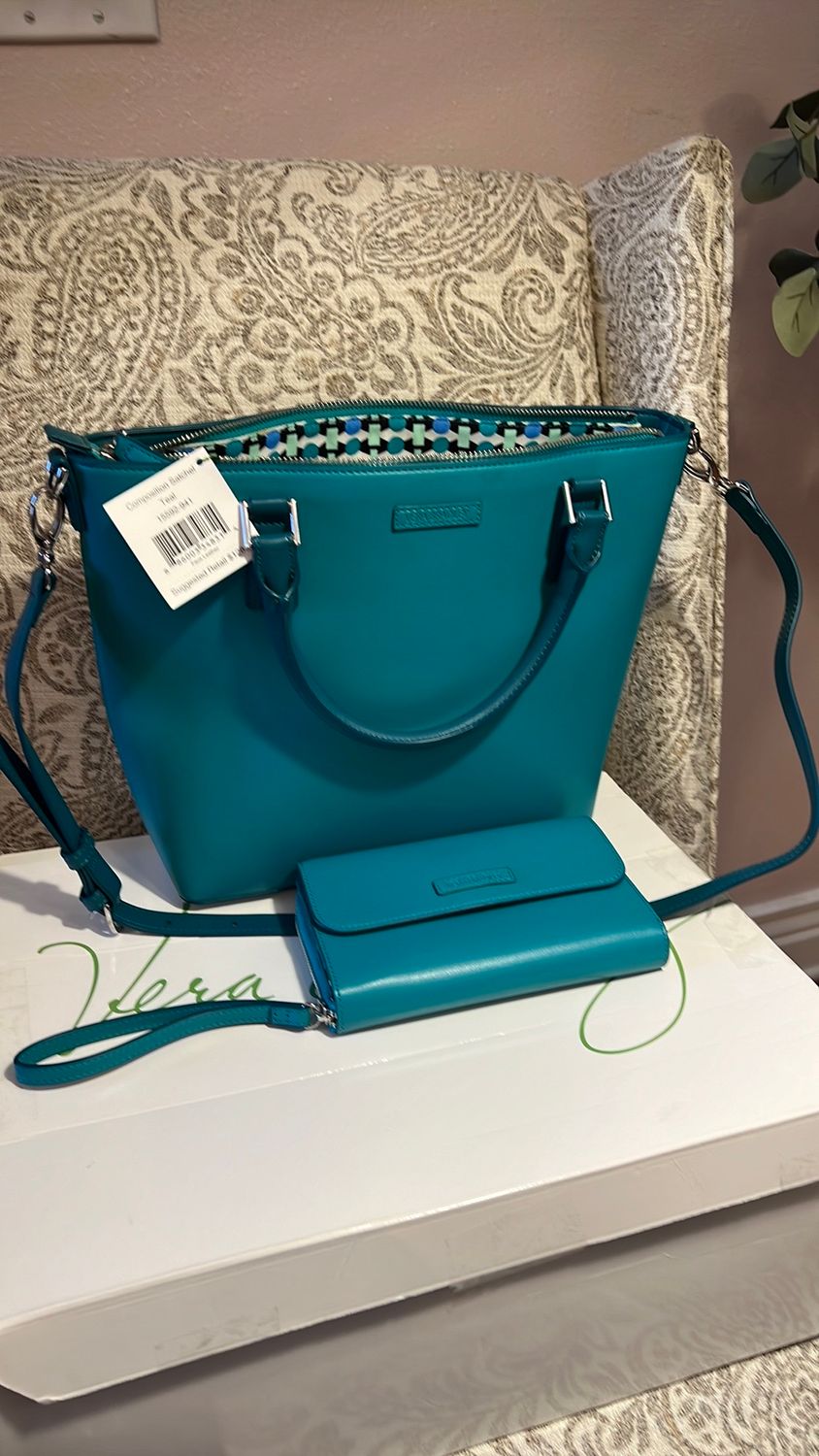 NEW Vera Bradley Composition Satchel in Teal crossbody with matching Wallet