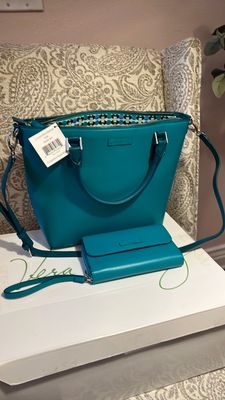 NEW Vera Bradley Composition Satchel in Teal crossbody with matching Wallet