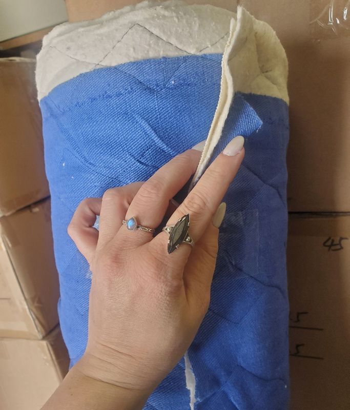 (CLOSE OUT) ​COBLU/BAT/Canvas 3 Layer Quilted, 100% Hemp Blue 12oz Twill , 100% Wool Center Batting , 100% Hemp Nt. , 18.oz Canvas, 57" width