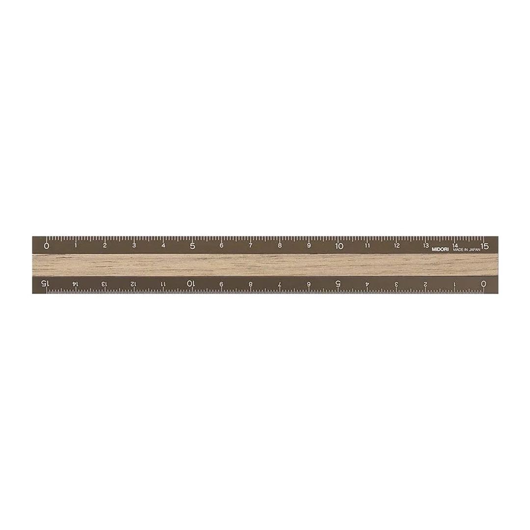 MIDORI Aluminum + Wood Ruler 15cm, Color: Brown