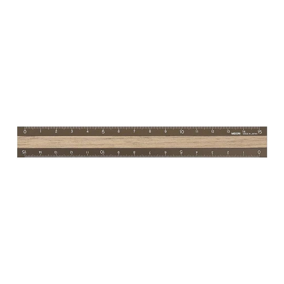 MIDORI Aluminum + Wood Ruler 15cm, Color: Brown