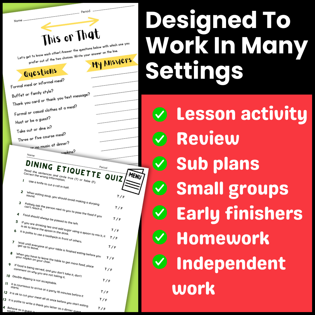 Dining Etiquette and Table Manners Games and Activities