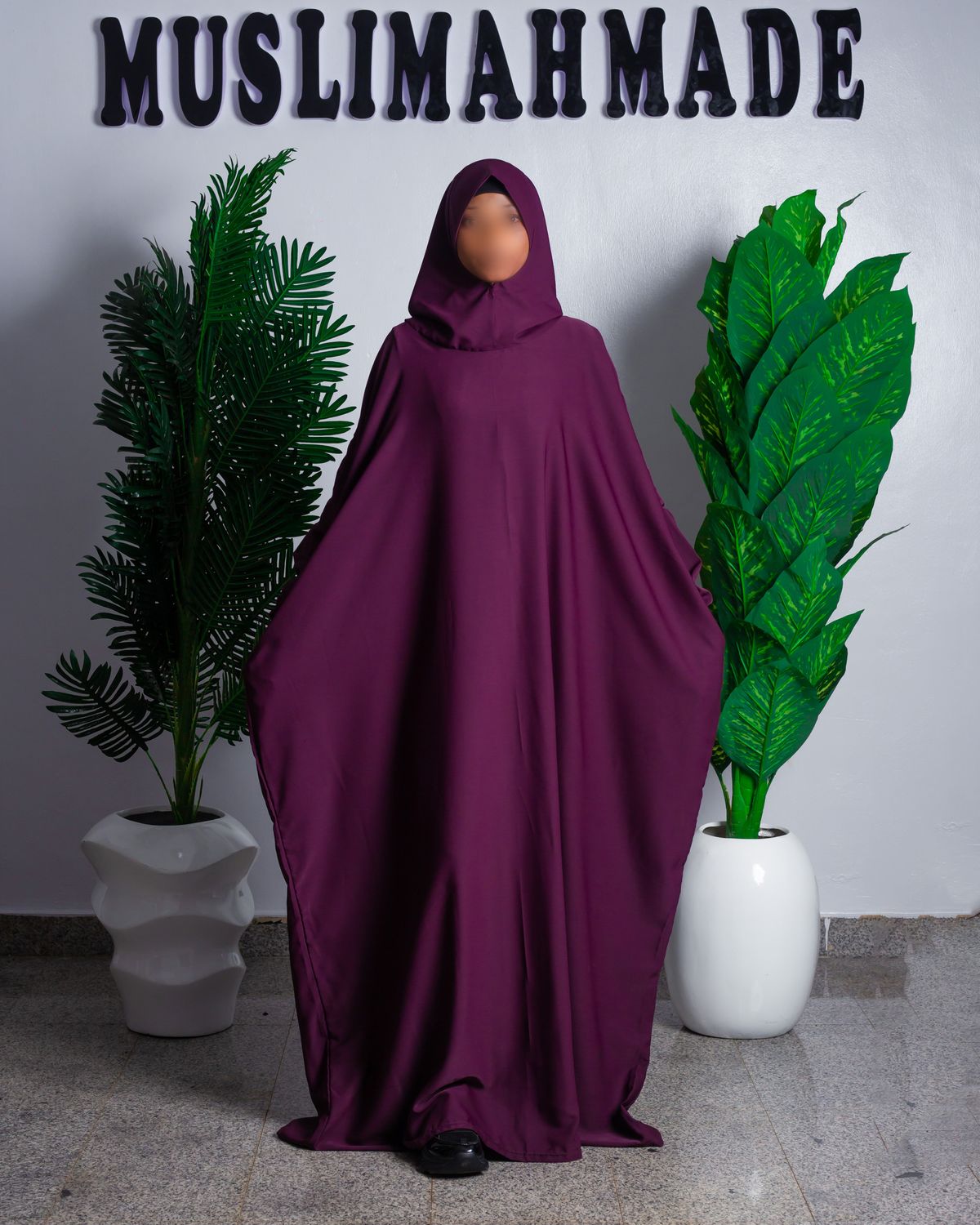 Front view of Double Elastic Sleeve Hoodie Khimar in Dark Magenta highlighting hoodie and elastic s…