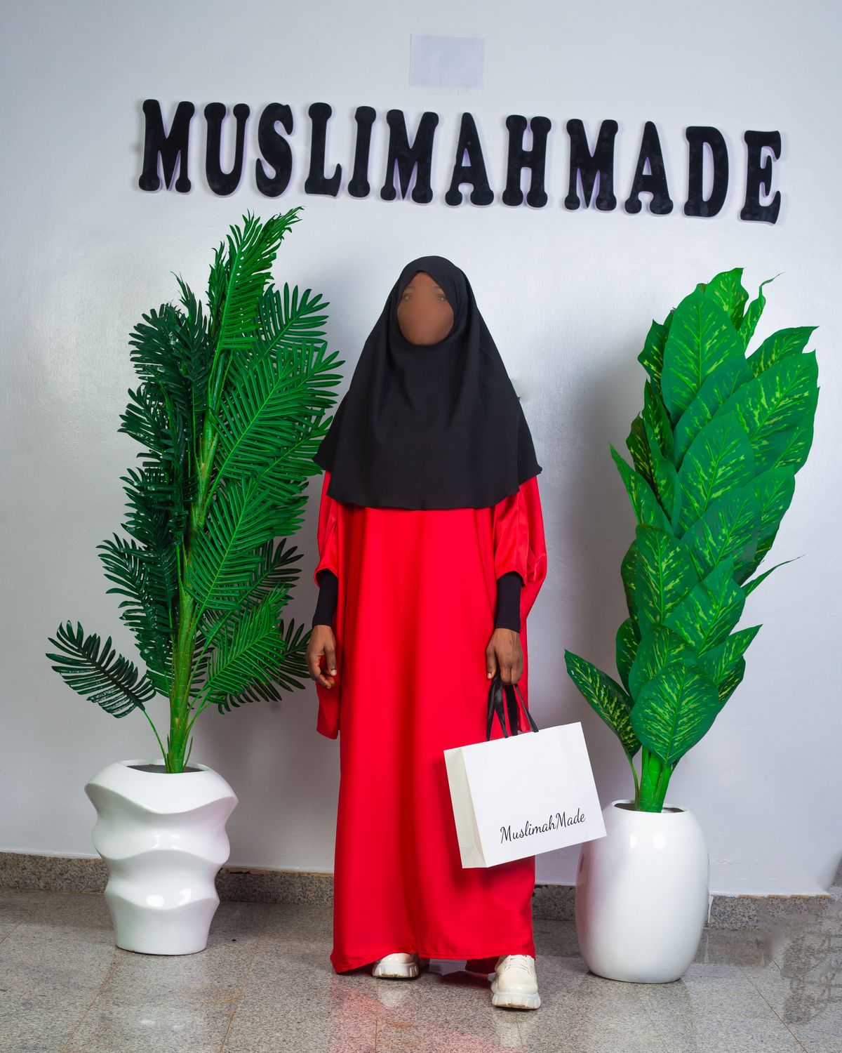 Front view of Bubu Gown with Hijab in Red and Black from Muslimahmade