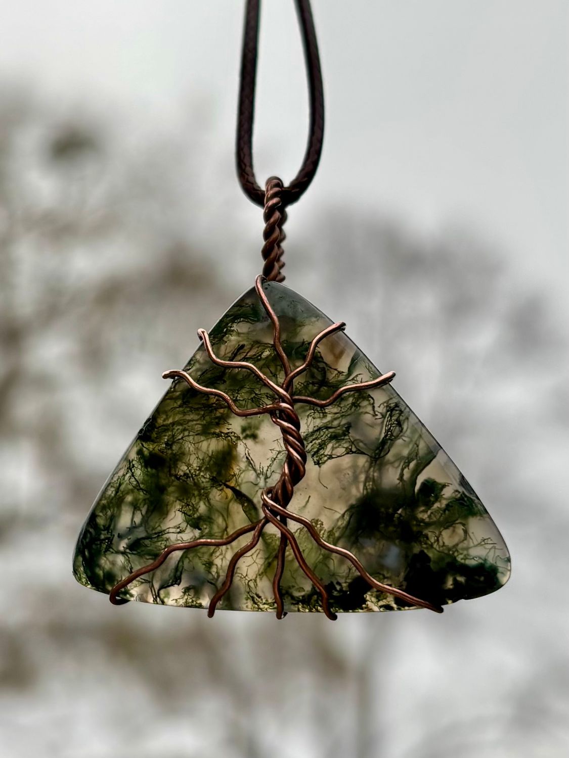 “Roots Of Remembrance” - Moss Agate Wire Wrapped In Copper - Length: 1.70in | Width: 1.56in