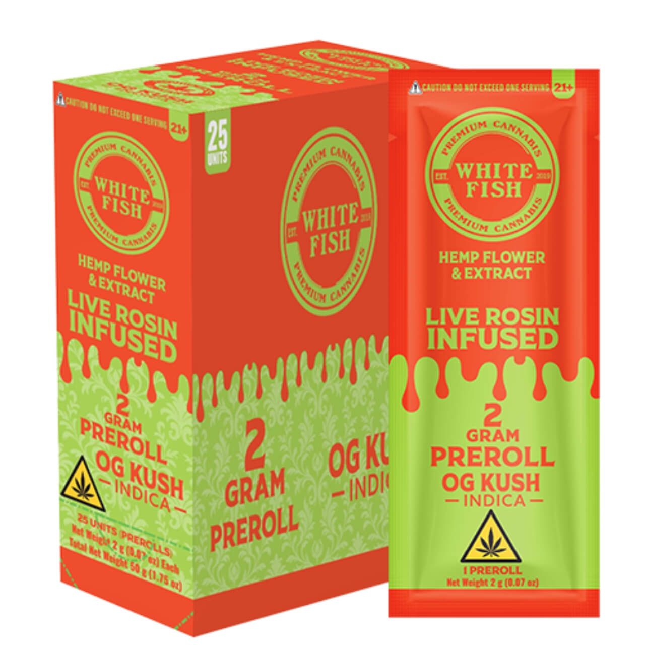 WHITE FISH 2G LIVE ROSIN INFUSED THC-P PRE ROLL 25CT/BOX | OG KUSH (I)