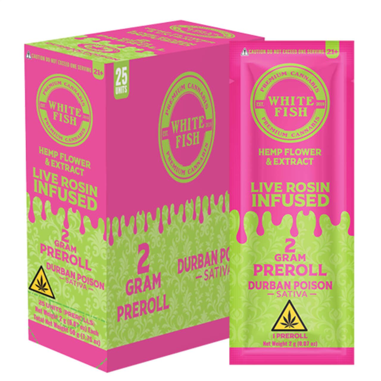 WHITE FISH 2G LIVE ROSIN INFUSED THC-P PRE ROLL, Flavour: Durban Poison (Sativa)