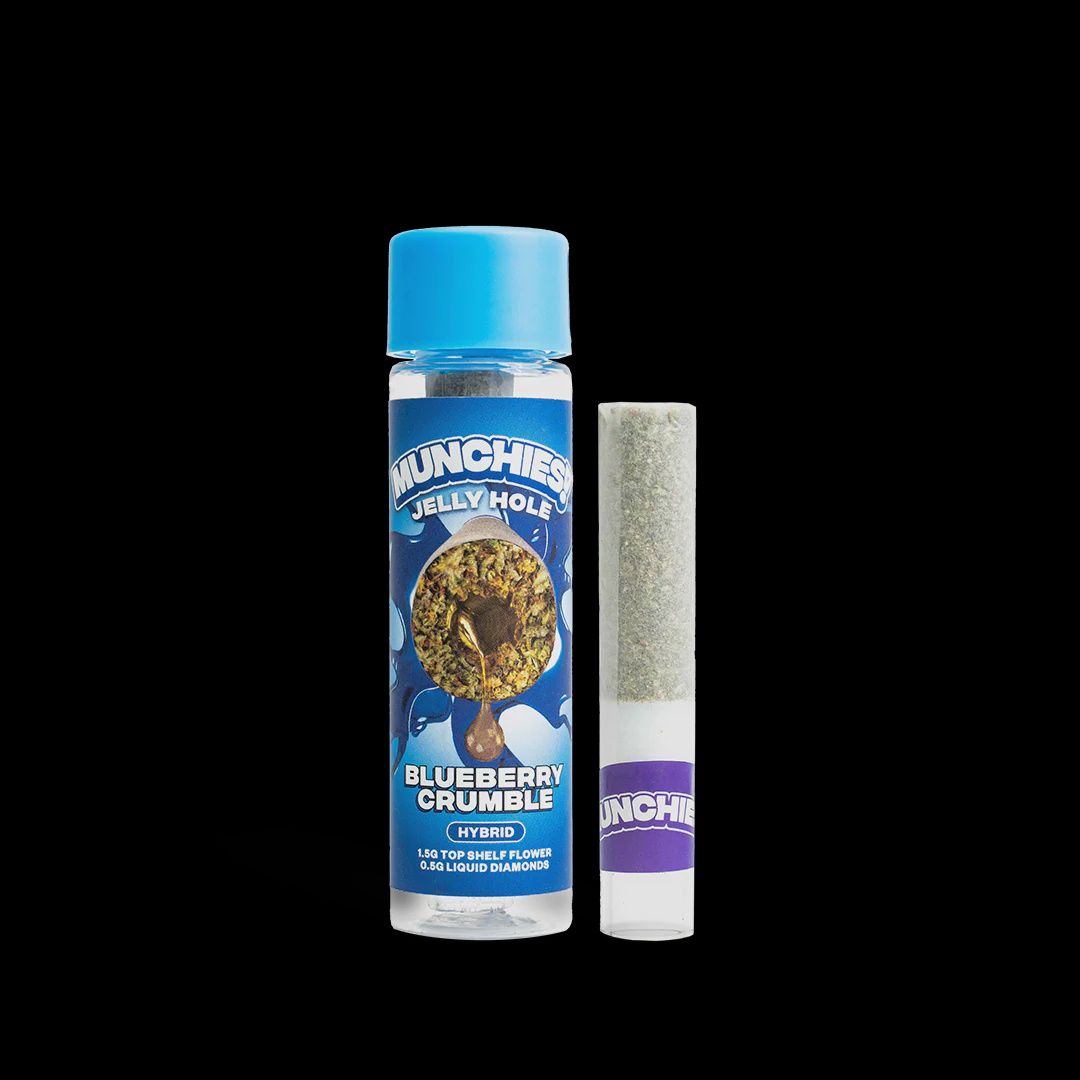 MUNCHIES 2G THCA JELLY HOLES PRE ROLL 10CT (Glass Tip)  $75.00  Blueberry Crumble (Hybrid)