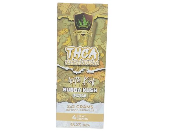CROWN ZEN THCA SAUCE INFUSED WITH KIEF 2 x2G PRE ROLLS 12ct 36.2%thca  Bubba Kush Indica 36.2%thca
