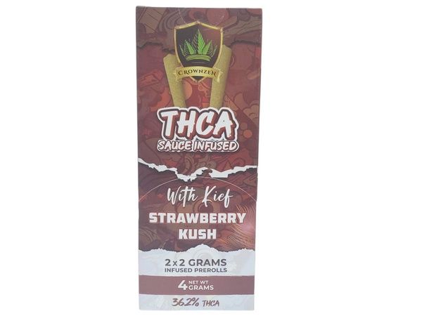 CROWN ZEN THCA SAUCE INFUSED WITH KIEF 2 x2G PRE ROLLS 12ct 36.2%thca Strawberry Kush Sativa 36.2%thca