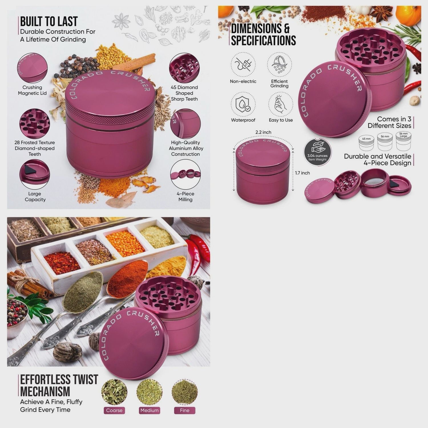 GRINDER COLORADO CRUSHER 56mm 4PT Xtra-Storage Tall PINK