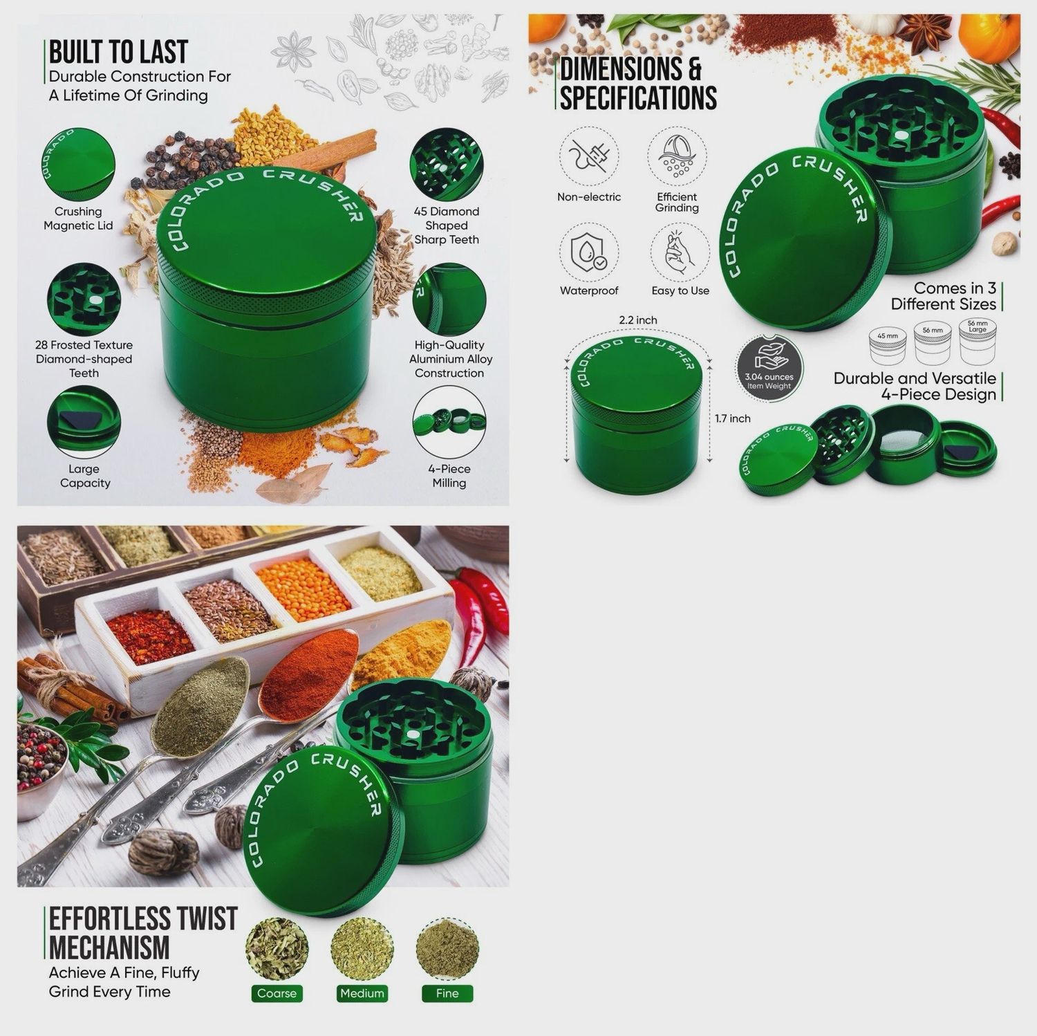 GRINDER COLORADO CRUSHER 56mm 4PT Xtra-Storage Tall GREEN