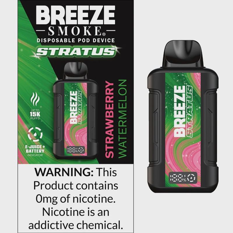 BREEZE STRATUS 0% NIC 15K PUFF DISPOSABLE 5CT/BOX STRAWBERRY WATERMELON