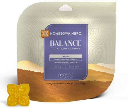 HOMETOWN HERO BALANCE D9 + CBD 1:1 GUMMIES, 200MG MANGO