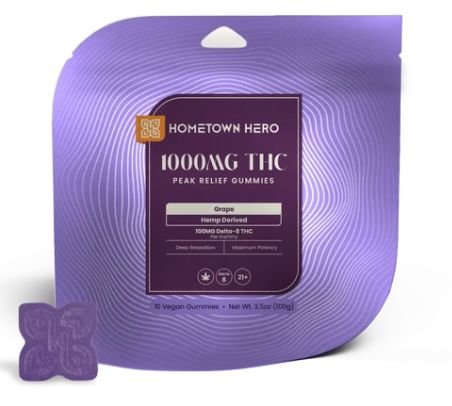 HOMETOWN HERO 1000MG PEAK RELIEF GUMMIES - 10CT GRAPE
