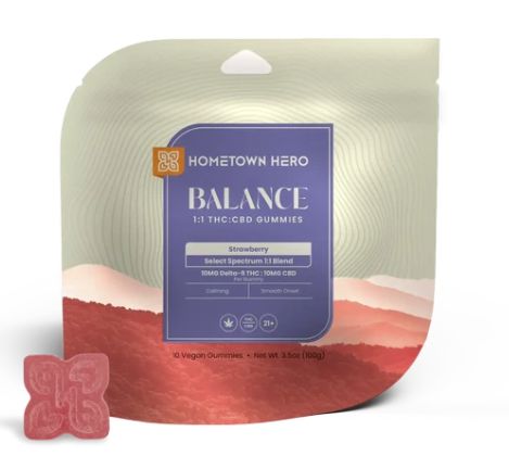 HOMETOWN HERO BALANCE D9 + CBD 1:1 GUMMIES, 200MG STRAWBERRY