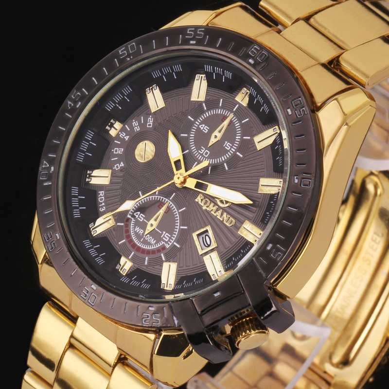 2016 Mens Black And Gold Stainless Steel Analog Watch
