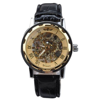 Winner 2016 Men&#39;s Classic Black Leather Gold Dial Skeleton