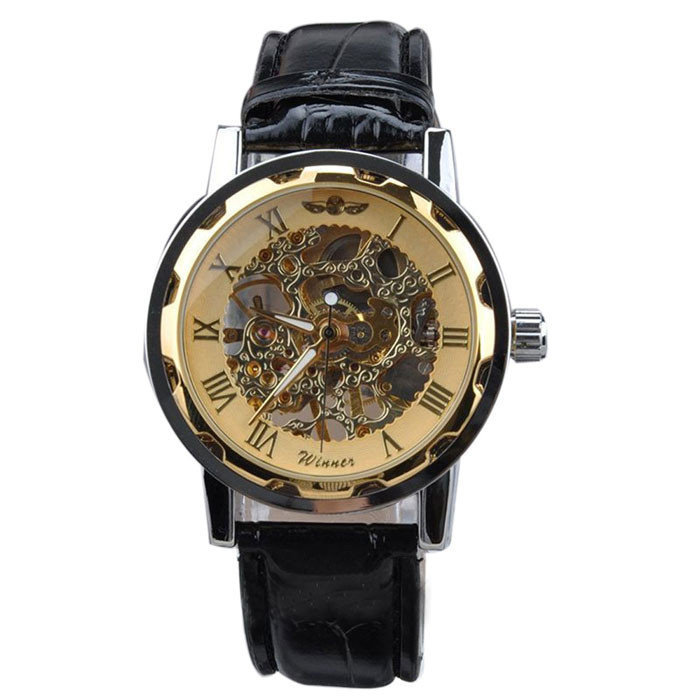 Winner 2016 Men&#39;s Classic Black Leather Gold Dial Skeleton