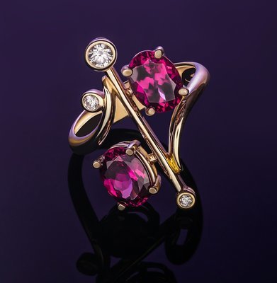Genuine Raspberry Garnet Double Solitaire with Diamonds 14k Solid Yellow Gold Ring - One-of-a-kind!