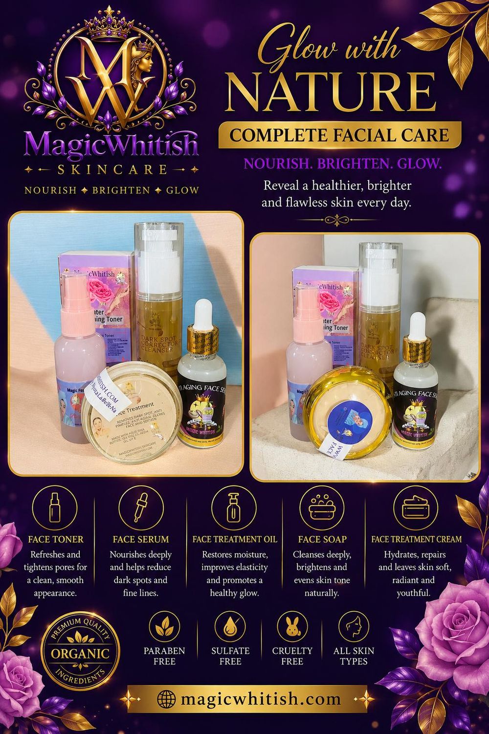 Demi face care/ Face cleanser,Face serum,face toner, face treatment cream 4pc
