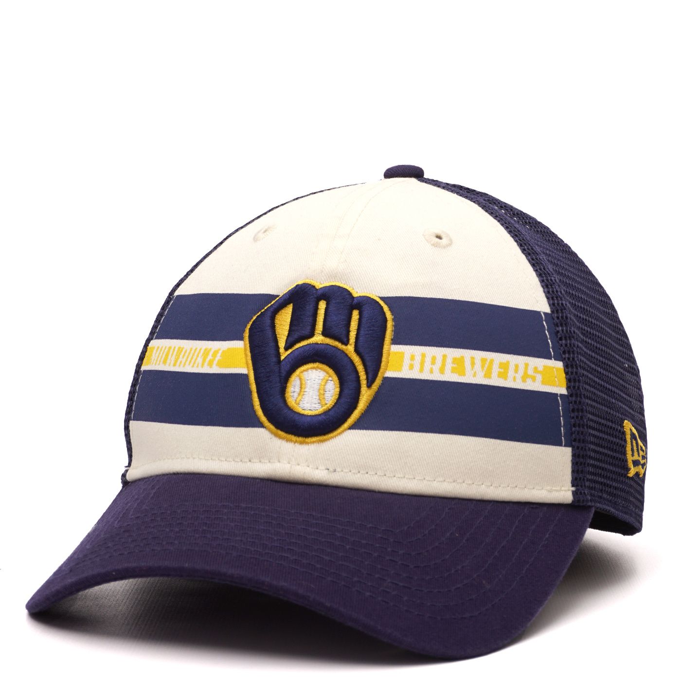 NEW ERA MILWAUKEE BREWERS TEAM STRIPES 9FORTY TRUCKER HAT 