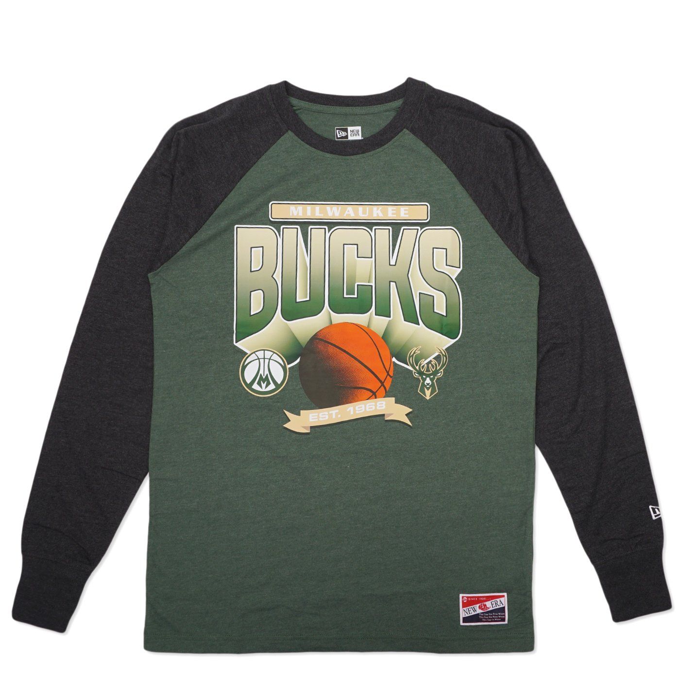NEW ERA MILWAUKEE BUCKS 3D BLOCK RAGLAN LONG SLEEVE TEE 