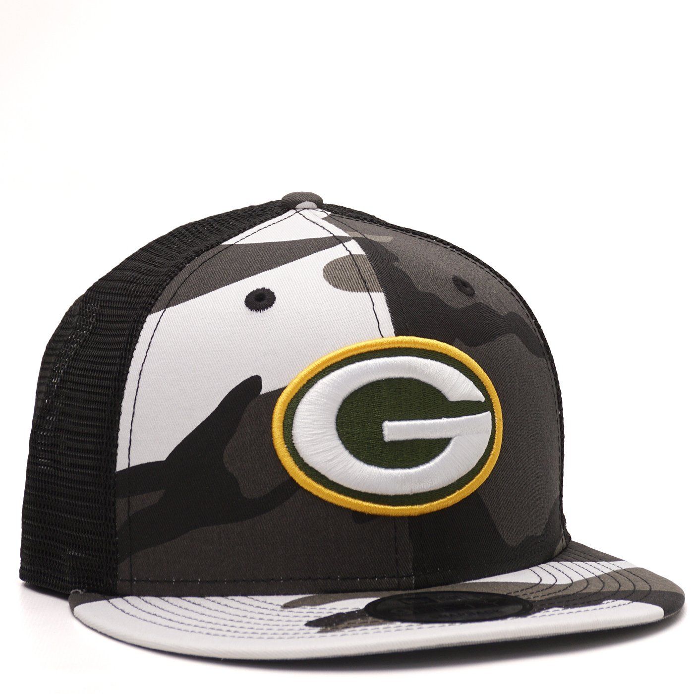 NEW ERA PACKERS CAMO TRUCKER 9FIFTY SNAPBACK HAT