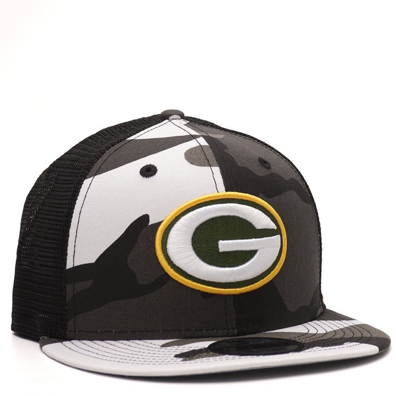 NEW ERA PACKERS CAMO TRUCKER 9FIFTY SNAPBACK HAT