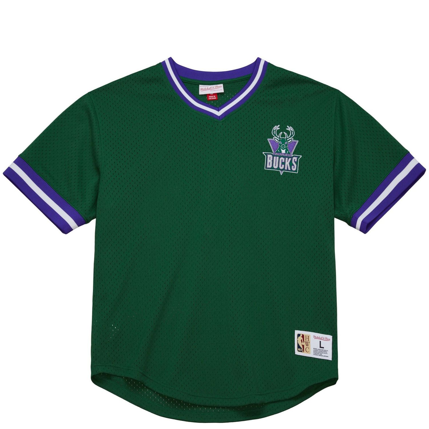 MITCHELL &amp; NESS MILWAUKEE BUCKS VINTAGE LOGO MESH V-NECK 