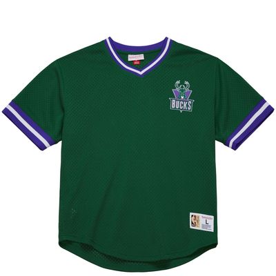 MITCHELL &amp; NESS MILWAUKEE BUCKS VINTAGE LOGO MESH V-NECK 