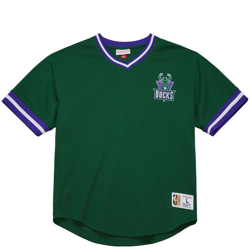 MITCHELL &amp; NESS MILWAUKEE BUCKS VINTAGE LOGO MESH V-NECK   
