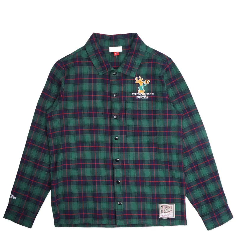 MITCHELL &amp; NESS MILWAUKEE BUCKS PLAID BUTTON UP SHIRT   