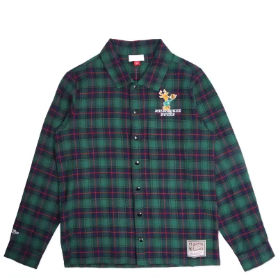 MITCHELL &amp; NESS MILWAUKEE BUCKS PLAID BUTTON UP SHIRT  