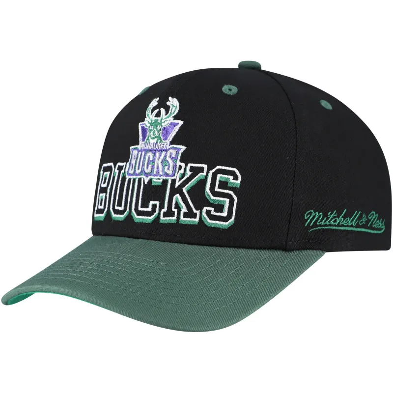 MITCHELL &amp; NESS MILWAUKEE BUCKS BACKSIDE SCRIPT PRO CROWN SNAPBACK HAT