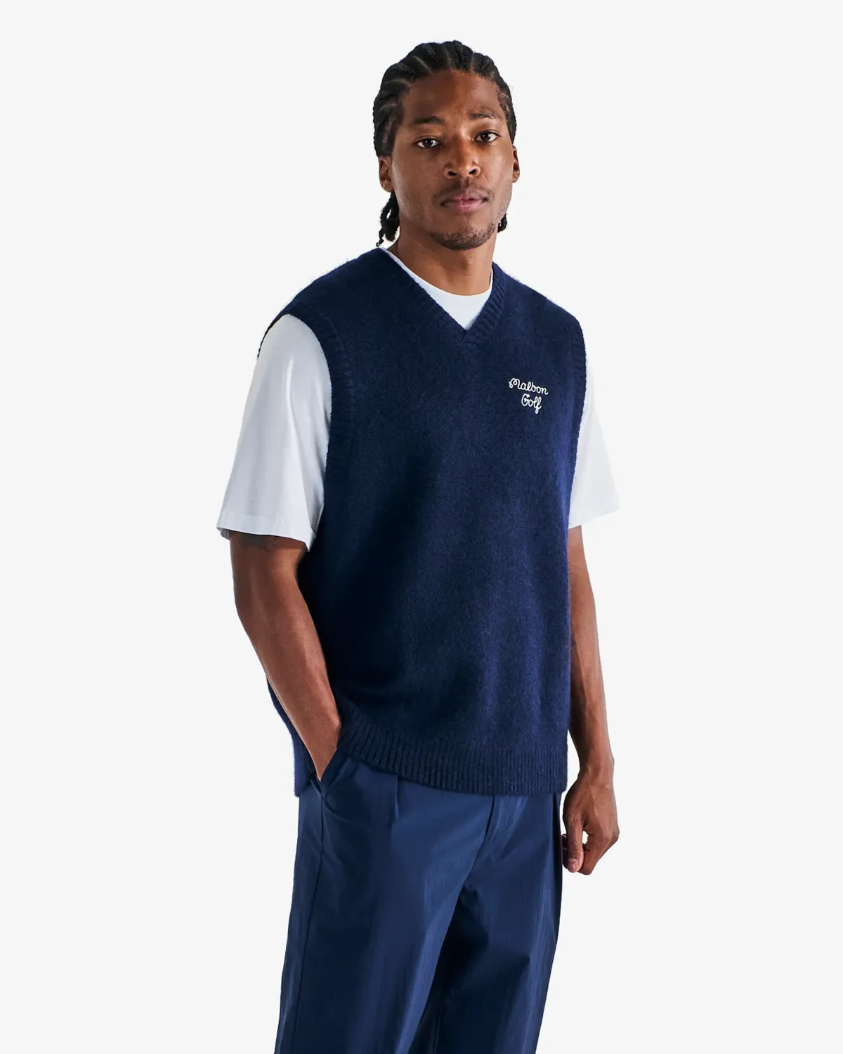 Malbon Golf Domenica Vest Navy – Mohair Wool V-Neck Sweater Vest