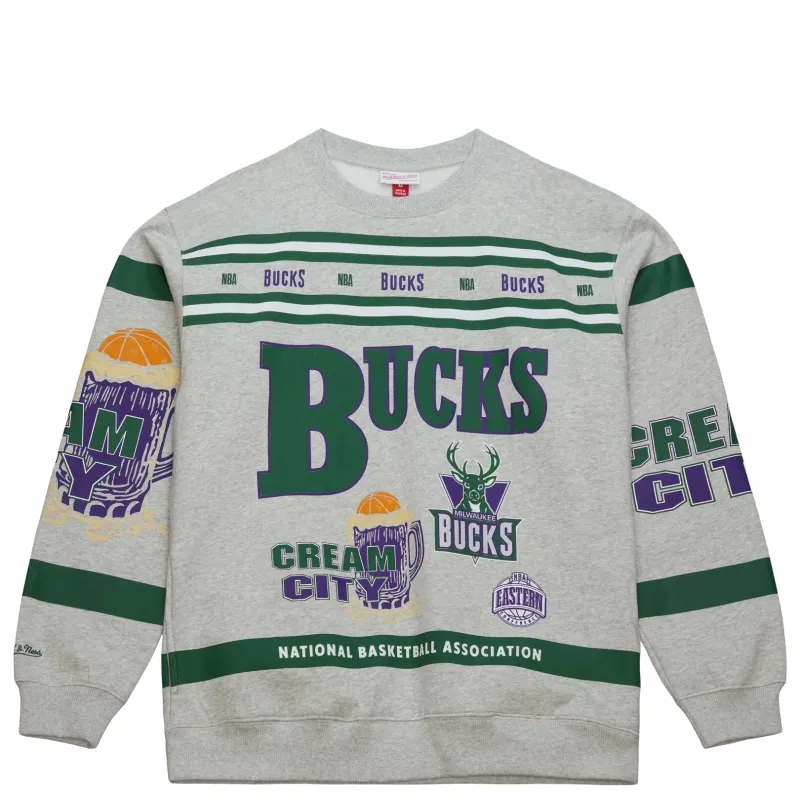MITCHELL &amp; NESS MILWAUKEE BUCKS ALL OVER PRINT CREWNECK SWEATSHIRT