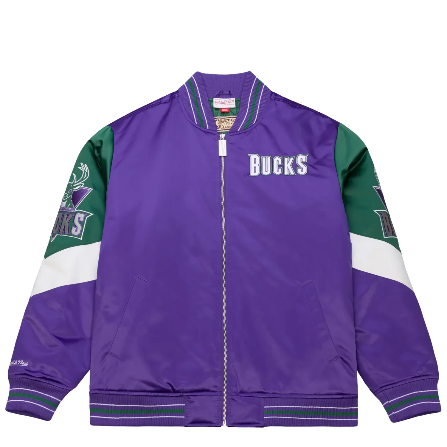 MITCHELL &amp; NESS MILWAUKEE BUCKS THROW IT BACK HEAVYWEIGHT FULL-ZIP SATIN JACKET