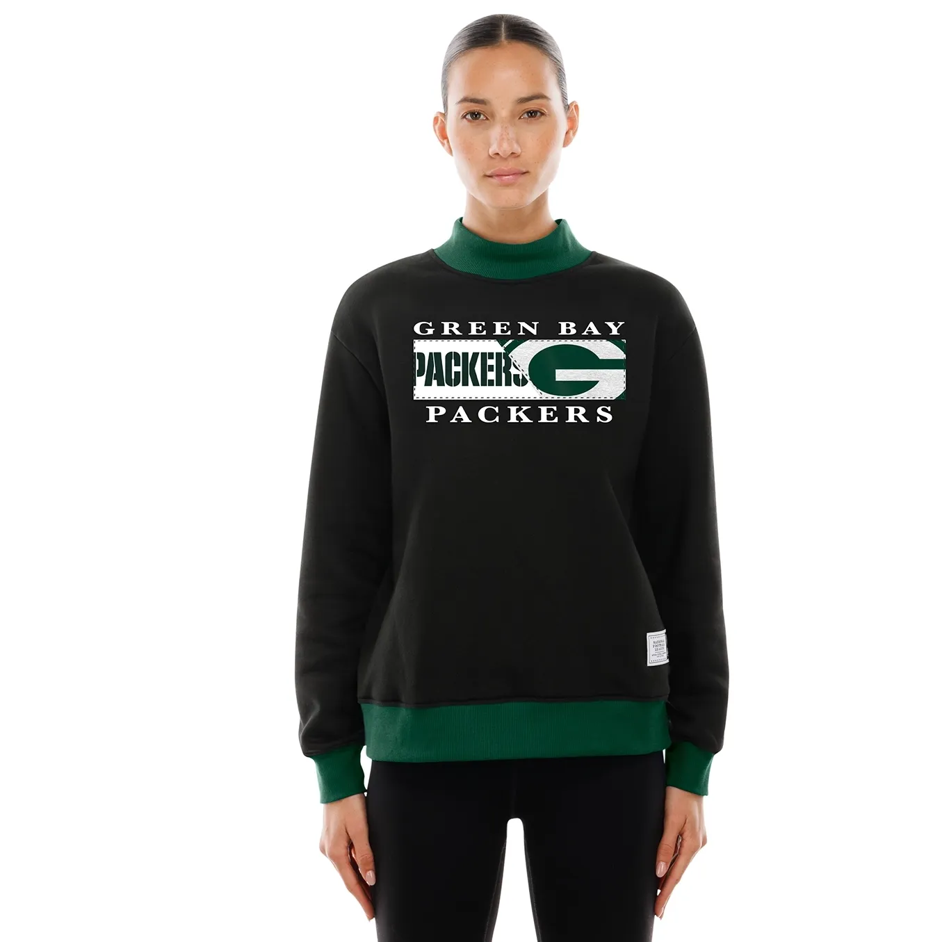 NEW ERA GREEN BAY PACKERS WOMEN&#39;S TEAM SPLIT LOGO MOCK CREWNECK SWEATSHIRT