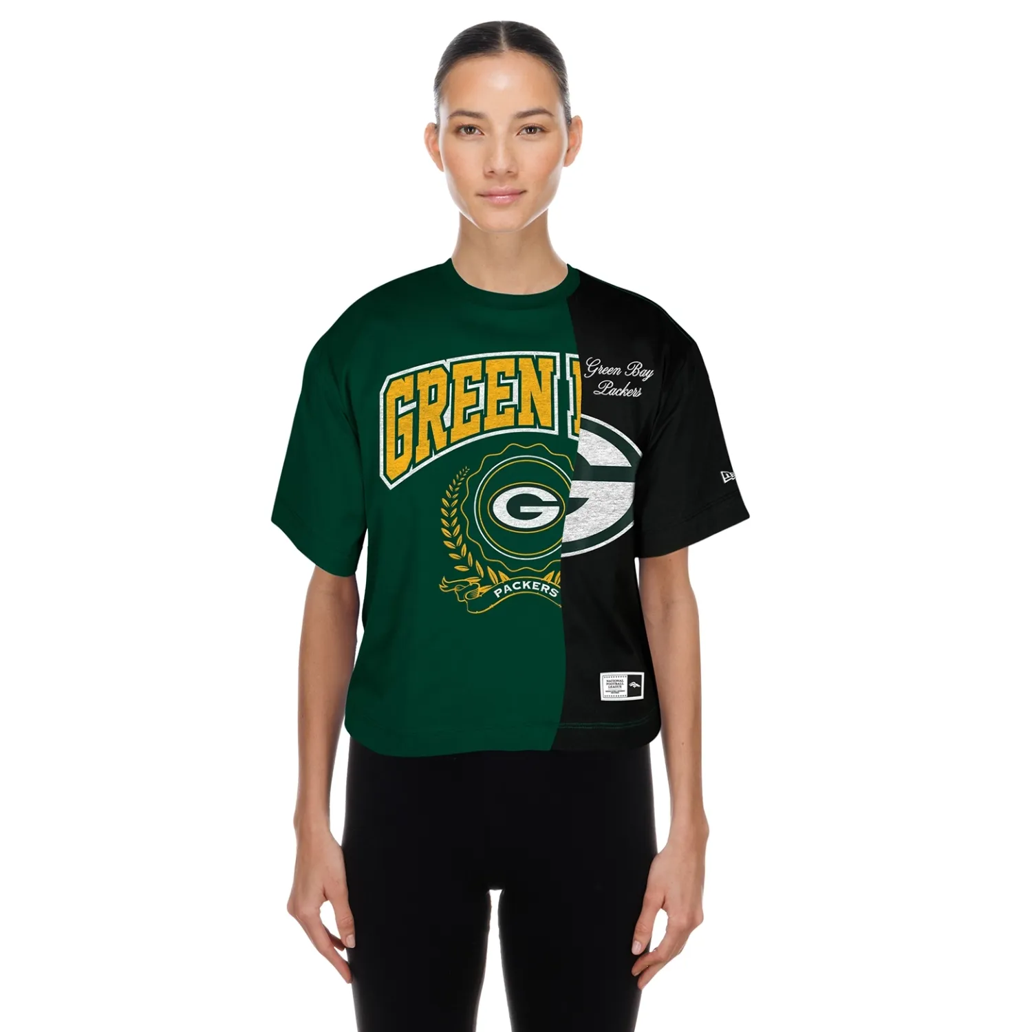 NEW ERA GREEN BAY PACKERS WOMEN&#39;S TEAM SPLIT LOGO CROP TEE