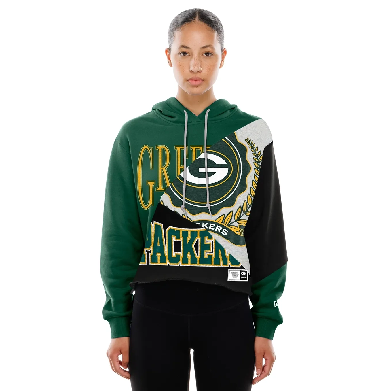 NEW ERA GREEN BAY PACKERS WOMEN&#39;S TEAM SPLIT LOGO CROP PULLOVER HOODIE