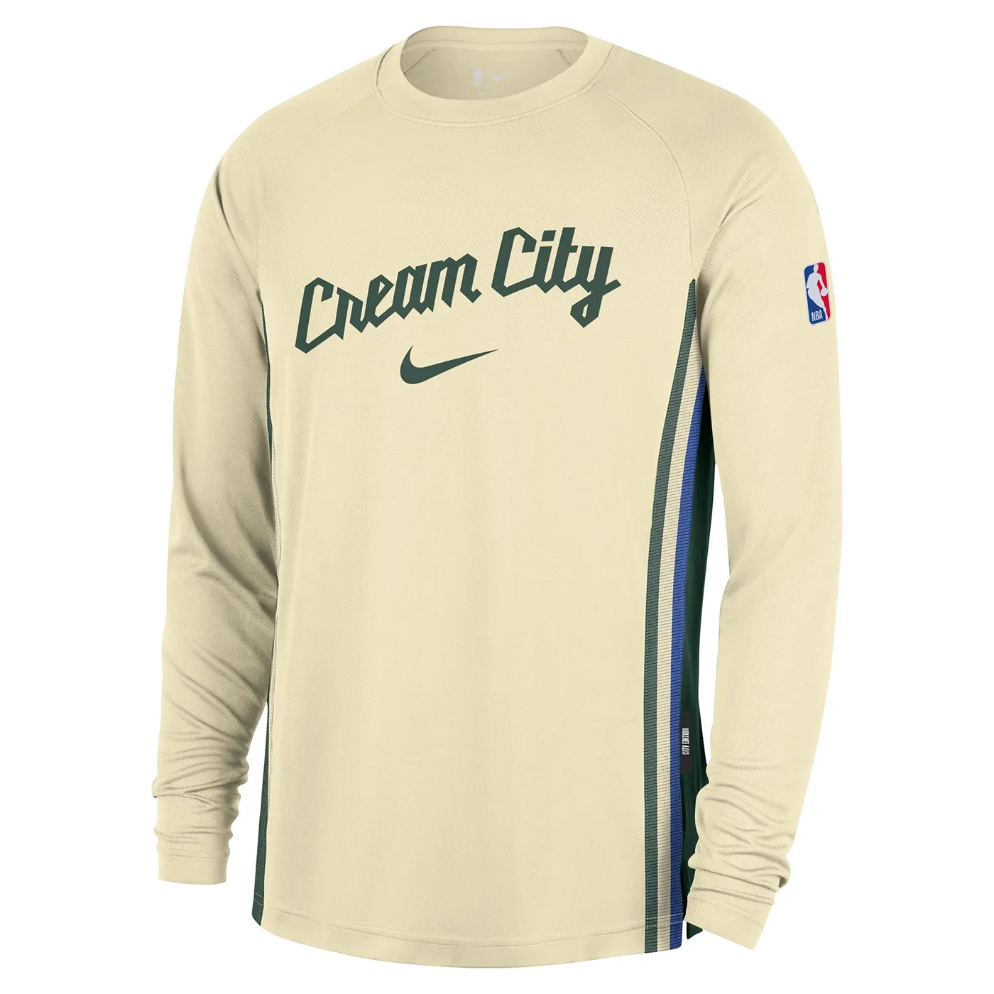 NIKE MILWAUKEE BUCKS CREAM CITY EDITION PREGAME LONG SLEEVE SHIRT