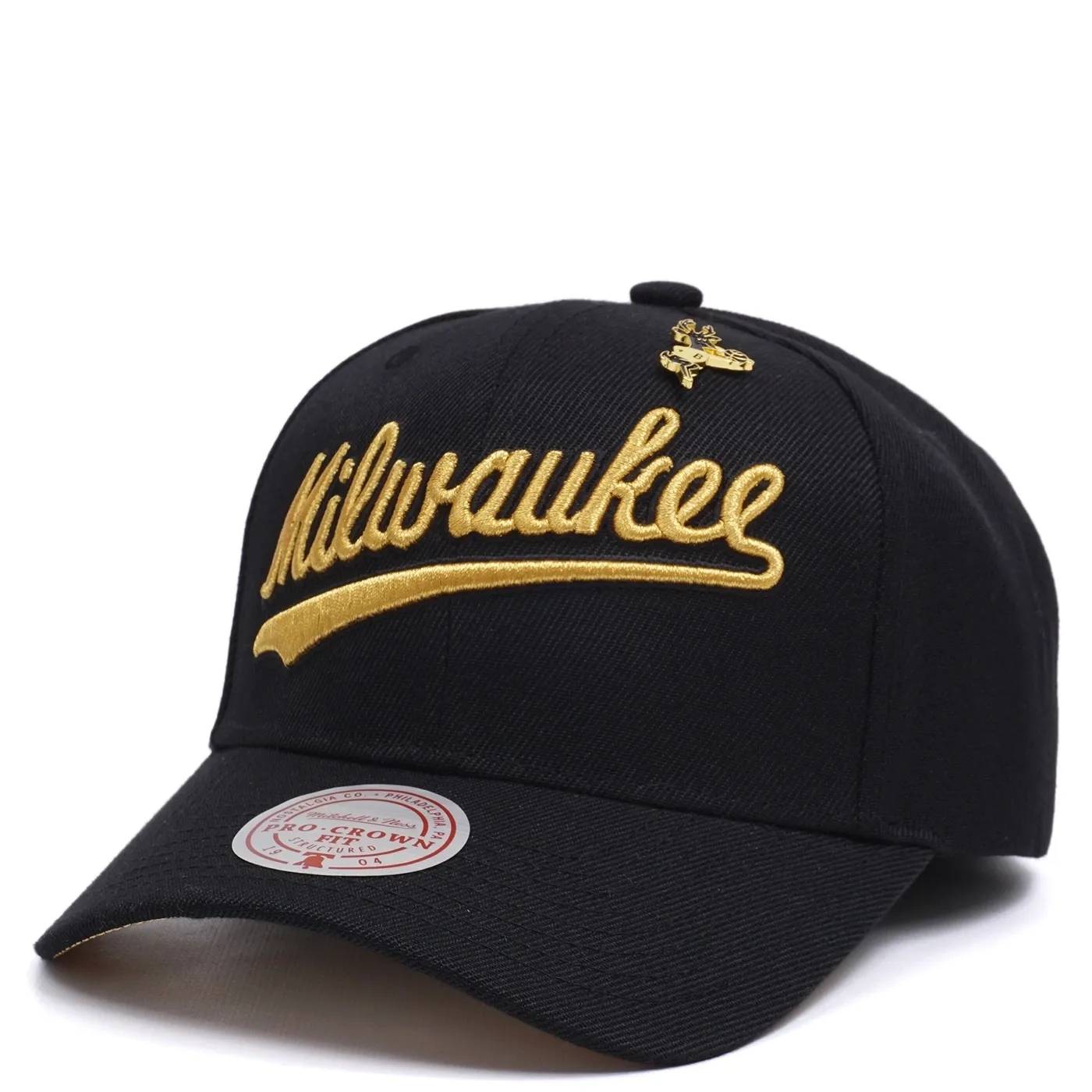 MITCHELL &amp; NESS MILWAUKEE BUCKS PINNED GOLD PRO CROWN SNAPBACK HAT