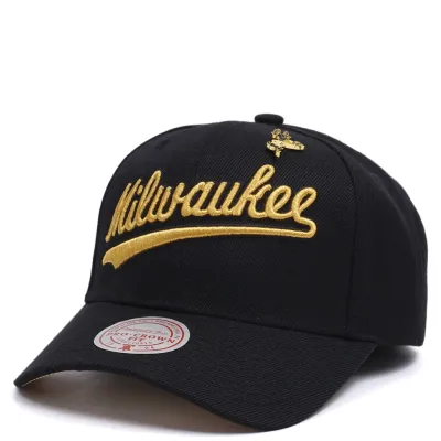 MITCHELL &amp; NESS MILWAUKEE BUCKS PINNED GOLD PRO CROWN SNAPBACK HAT