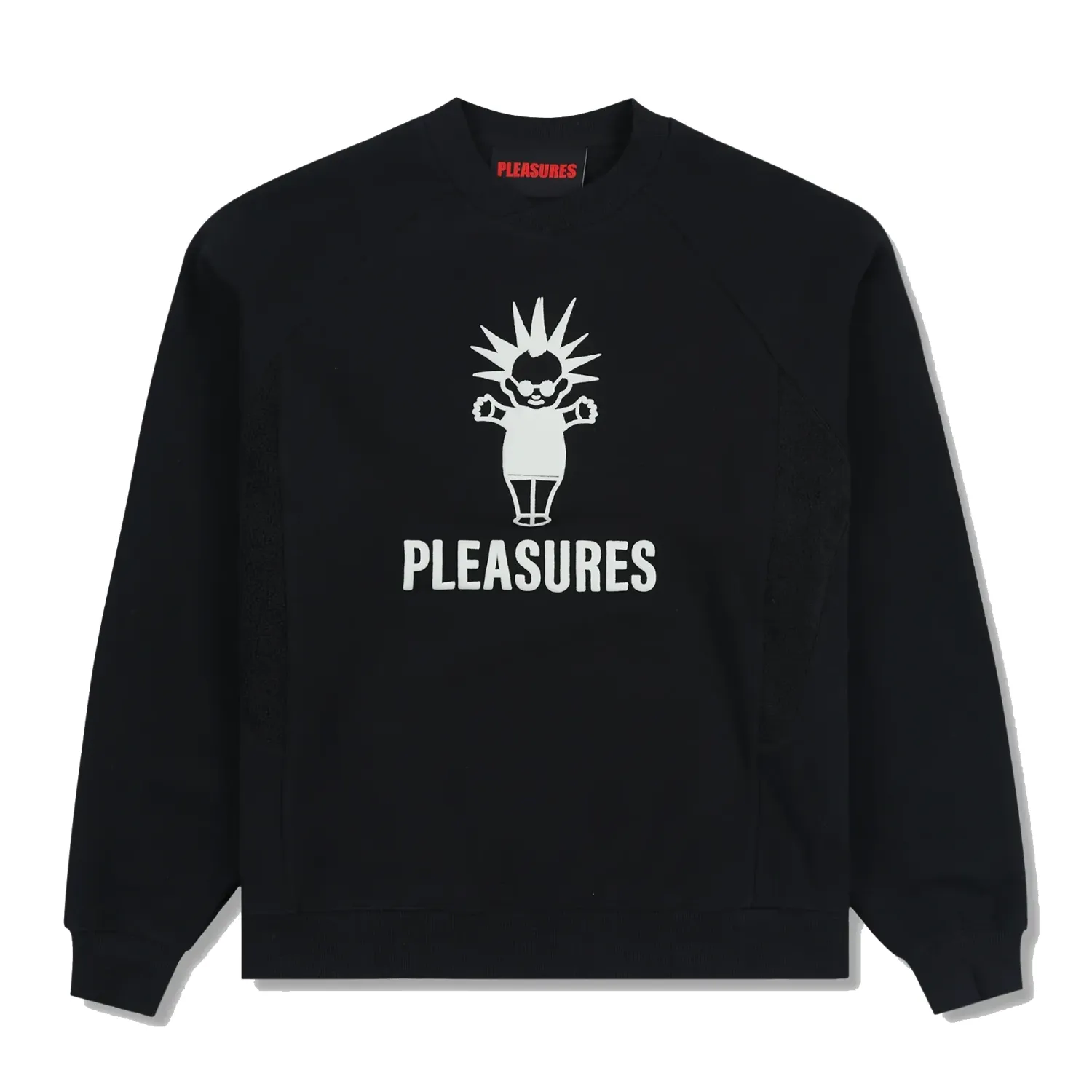 PLEASURES Punk Baby Crewneck in black with bold white puff print graphic front view.