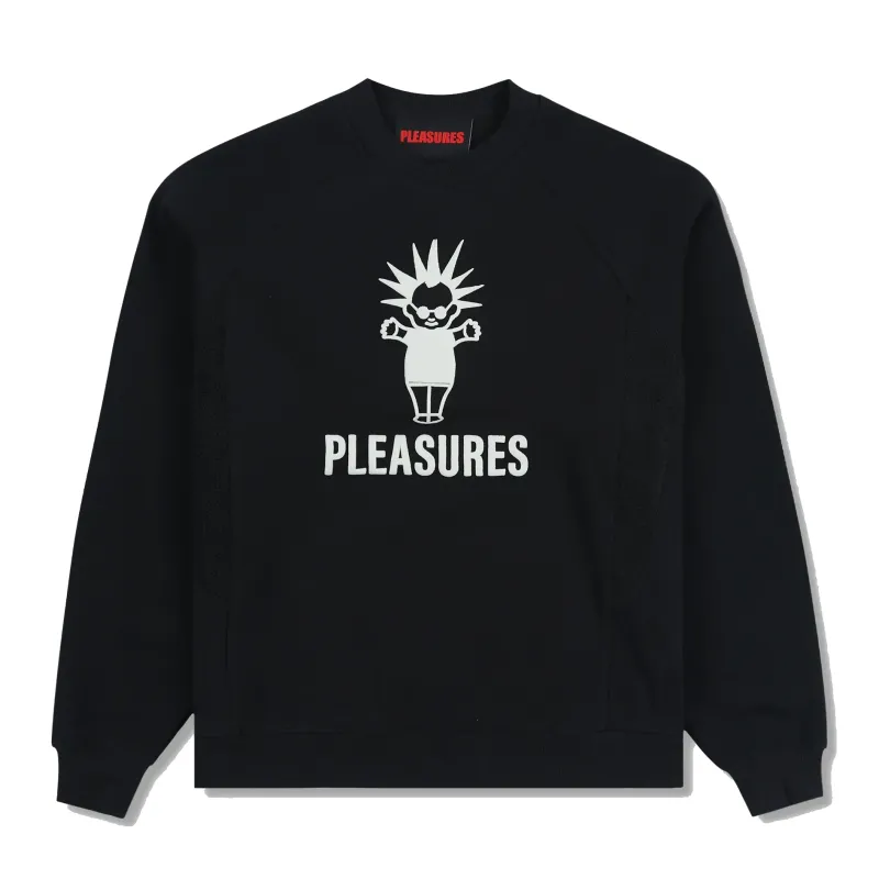 PLEASURES Punk Baby Crewneck in black with bold white puff print graphic front view.