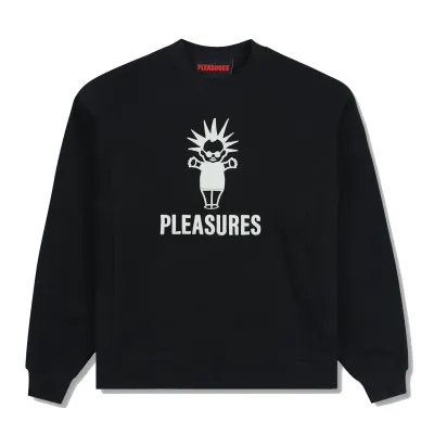 PLEASURES Punk Baby Crewneck in black with bold white puff print graphic front view.