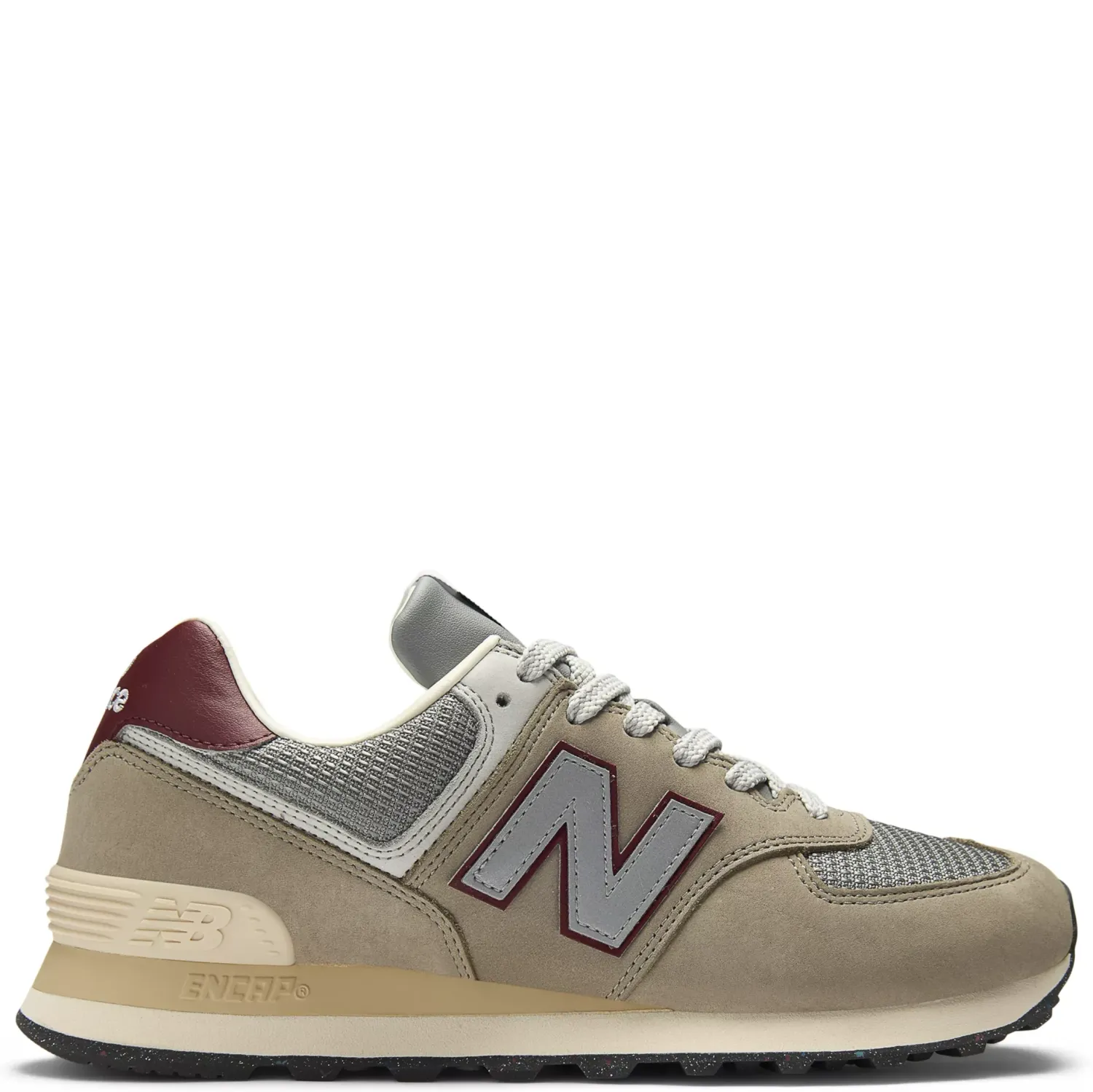 New Balance 574 in Arid Stone with Monarch Burgundy accents side profile view.